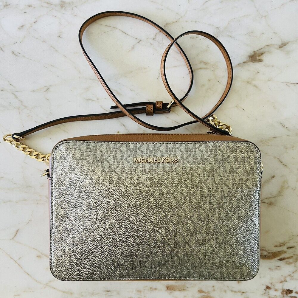 MICHAEL KORS Jet Set Item Silver Brown Leather Zip Chain East West Crossbody Bag